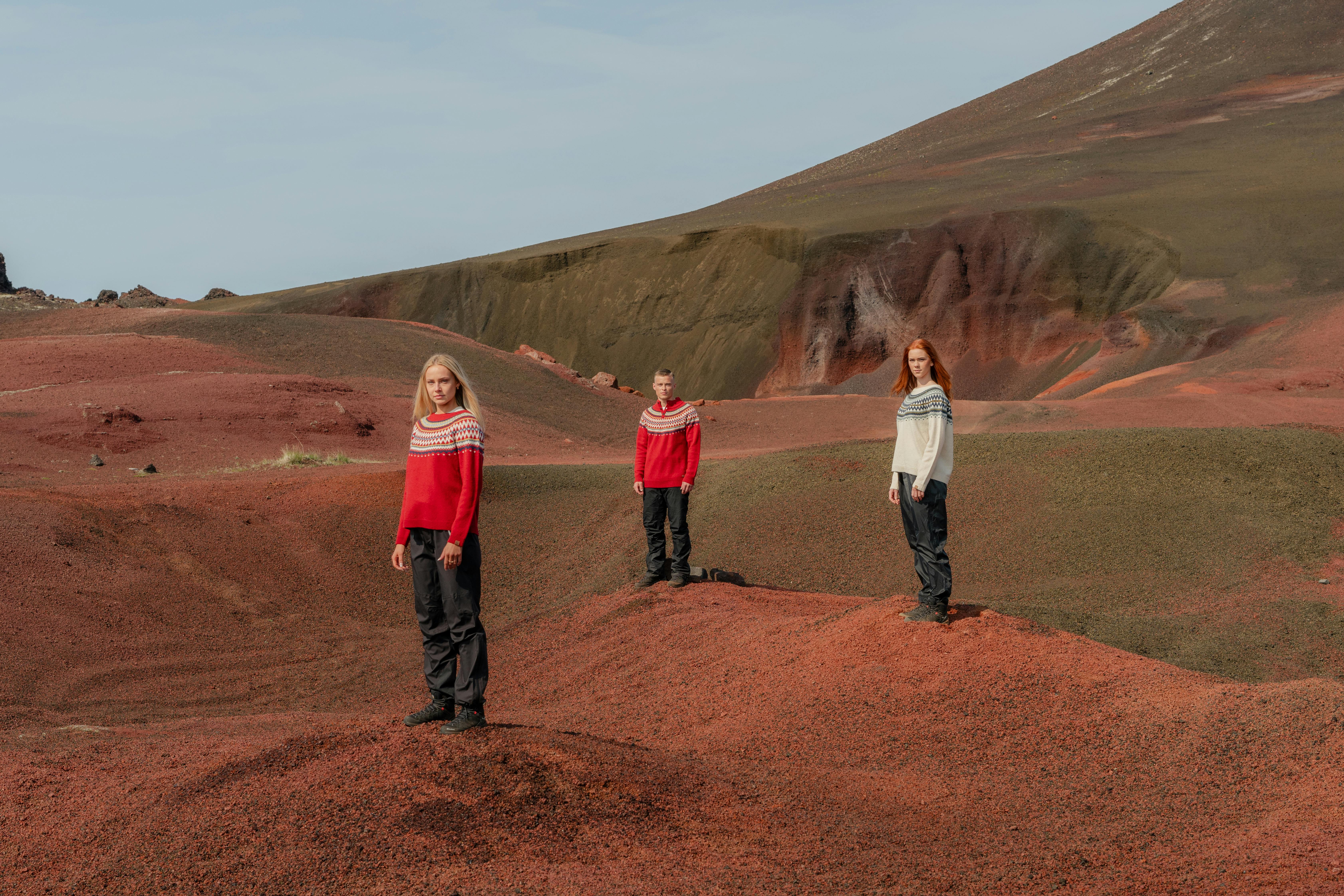 Menschen auf dem roten Sand im Westen Islands in weihnachtlichen Pullovern