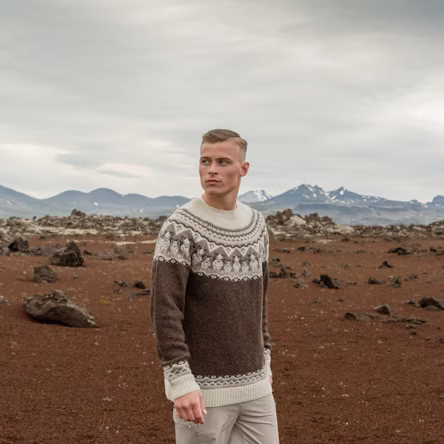 man standing by Icelandic red hills