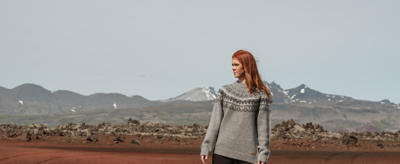 woman in Icelandic wool sweater in the highlands