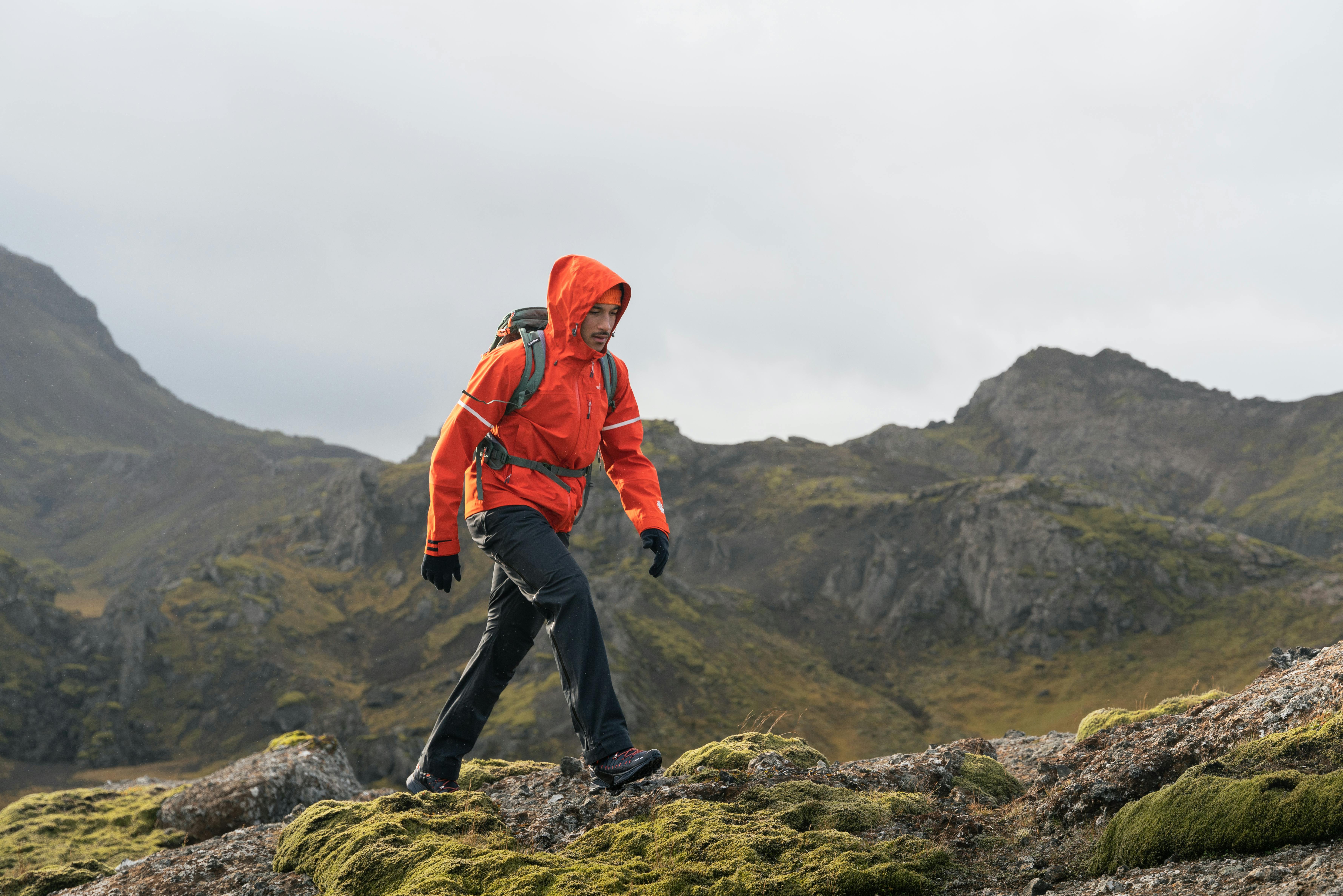 man hiking, wearing Icewear shell jacket