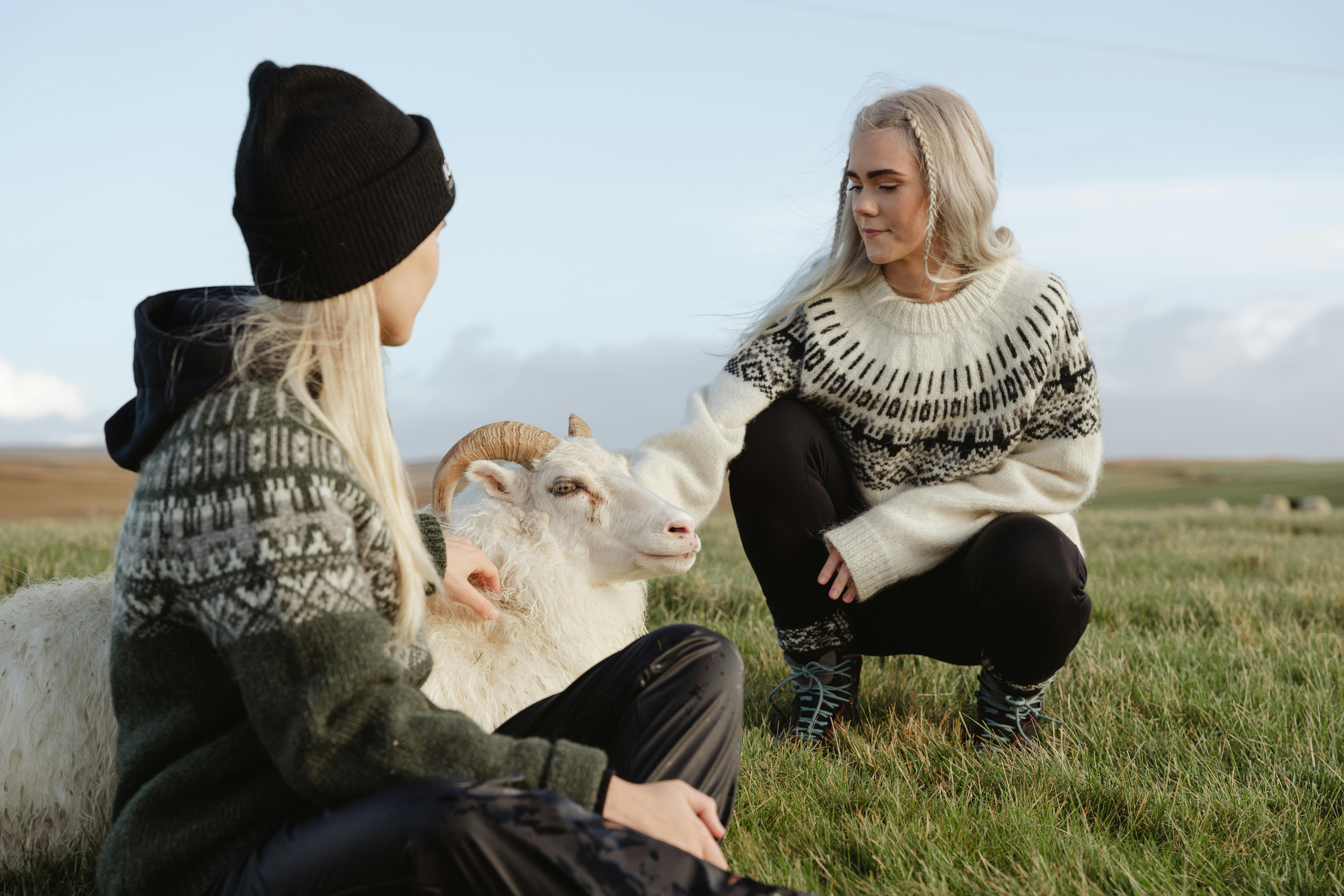 Women petting a sheep