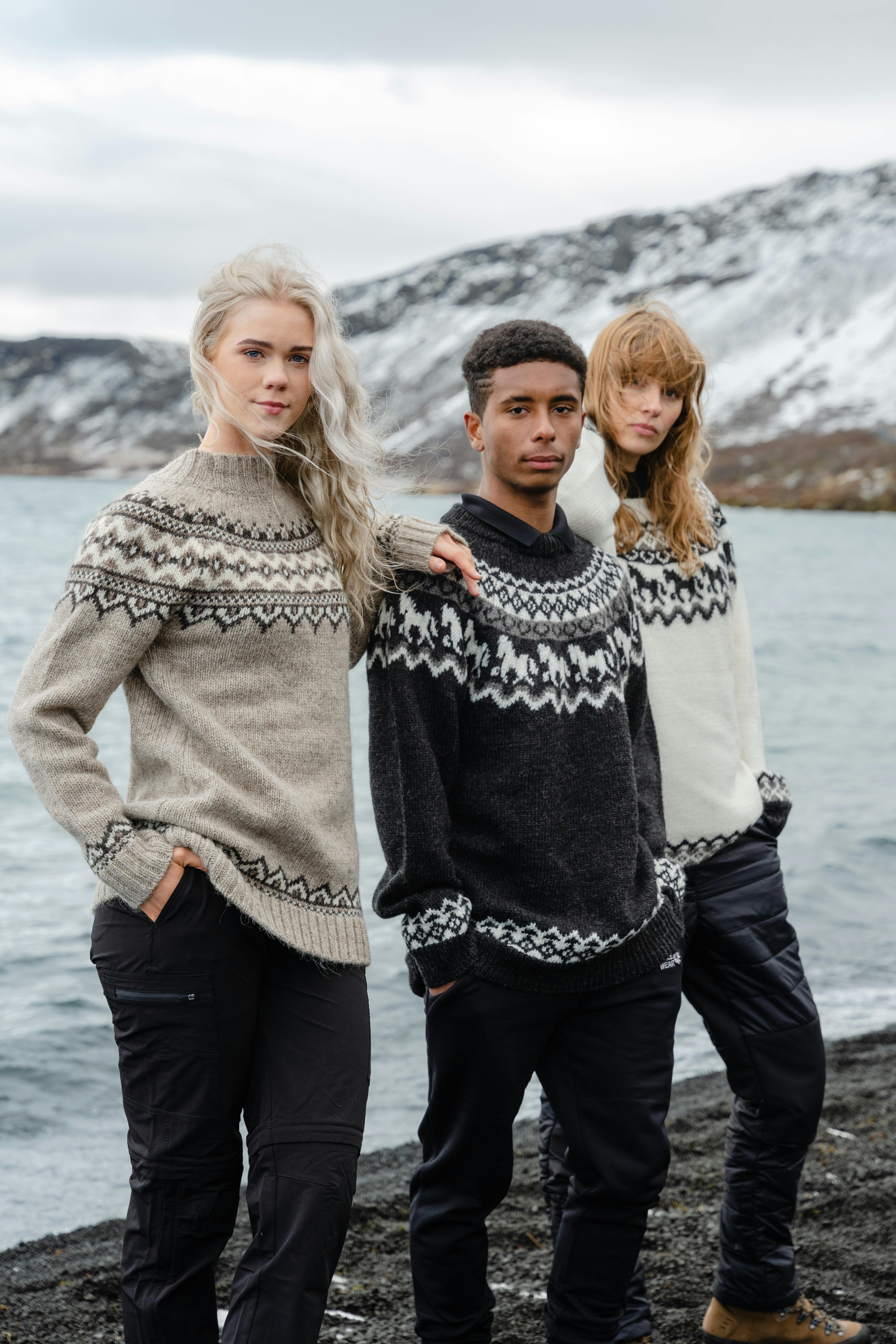 people wearing wool sweater on the Icelandic beach in the winter time