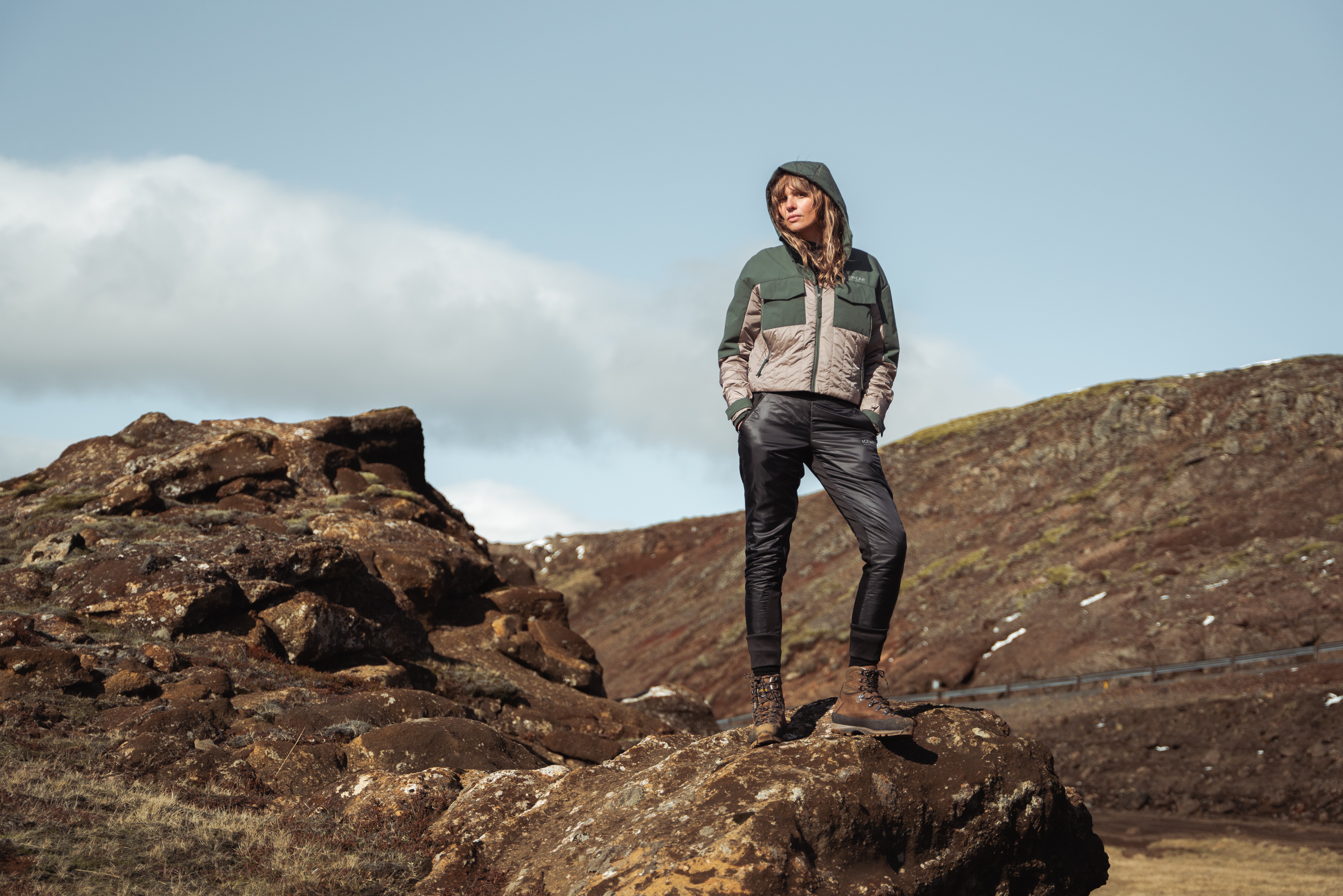 woman hiking in black sheep outfit