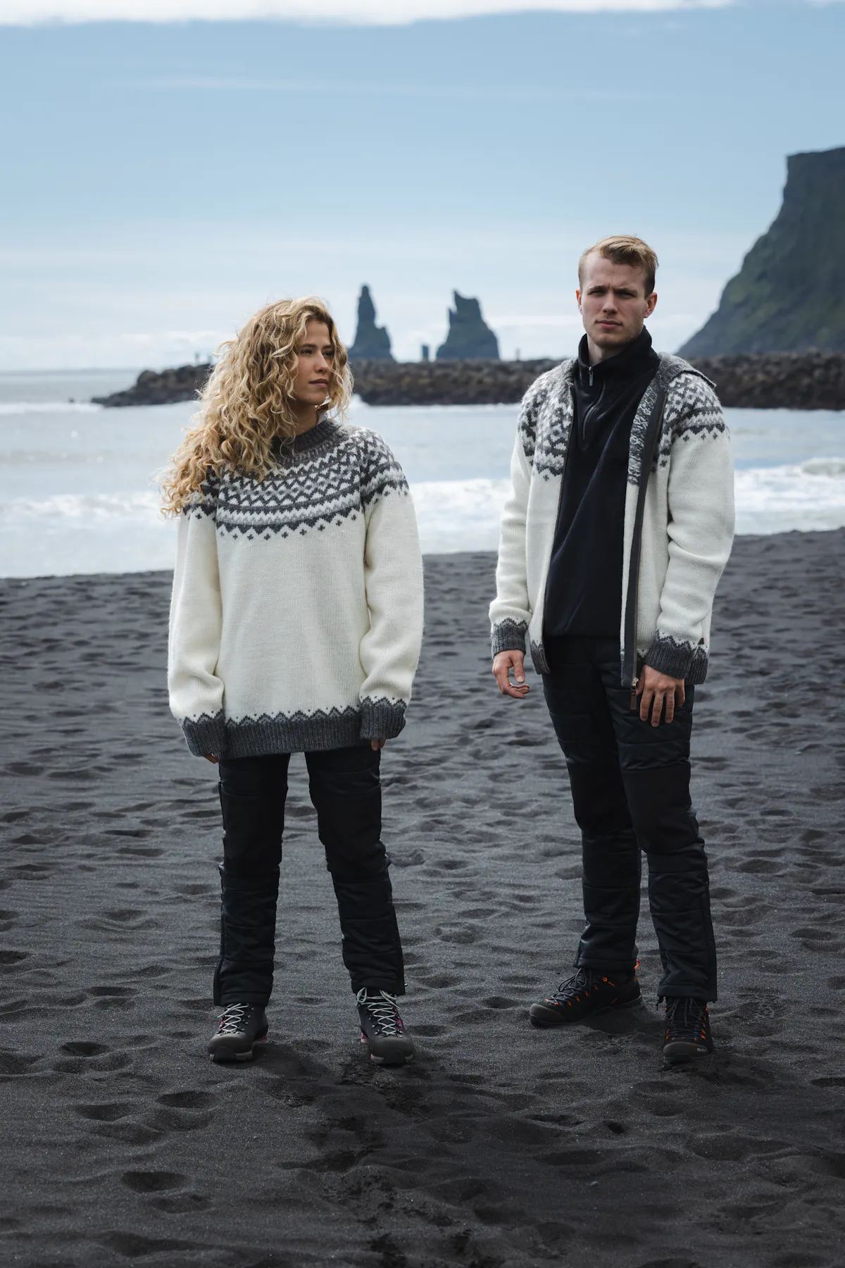 couple on the black beach in Vík in Mýrdal