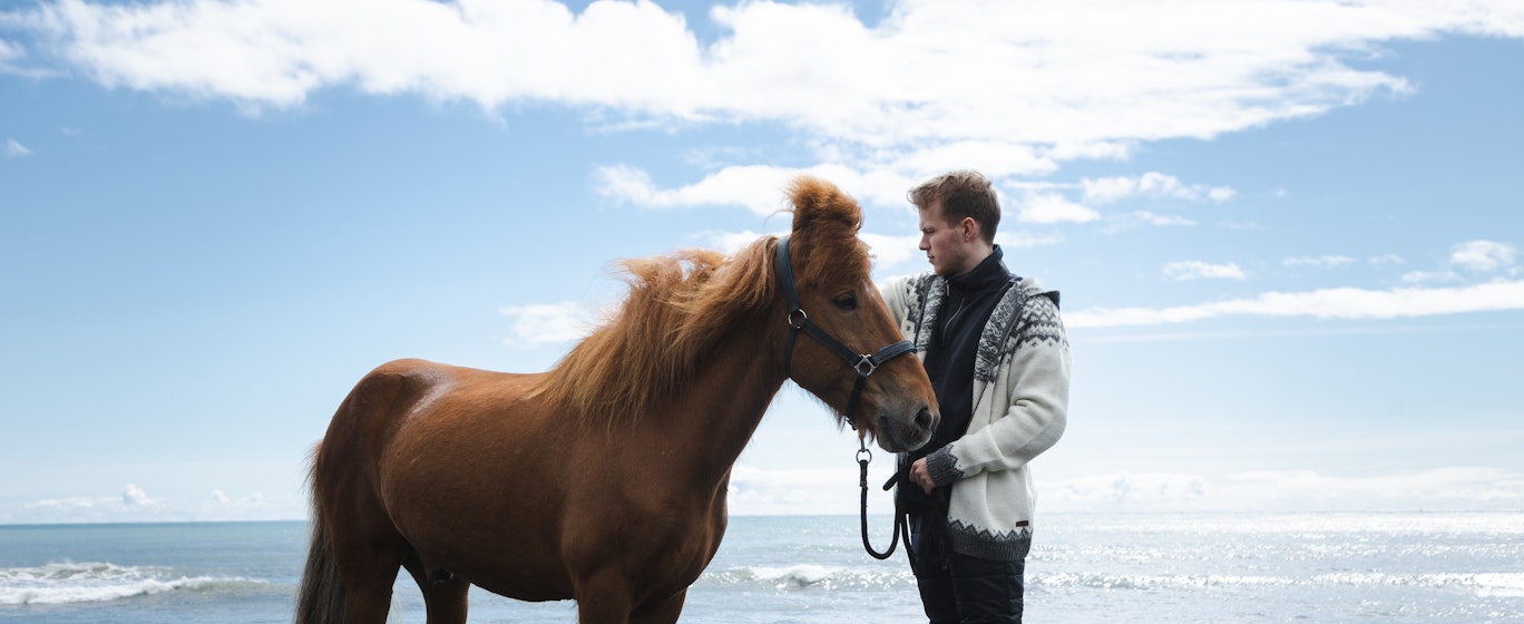 Man and Icelandic horse on black beach in south Iceland