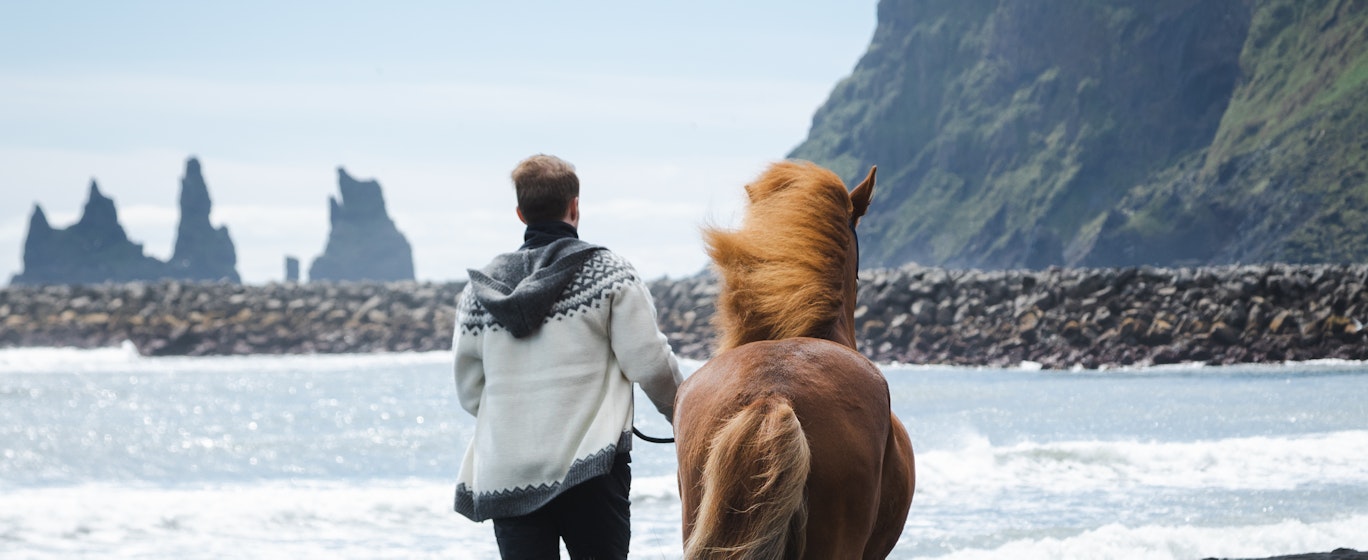 man and horse walking in black beach in Vík í Mýrdal