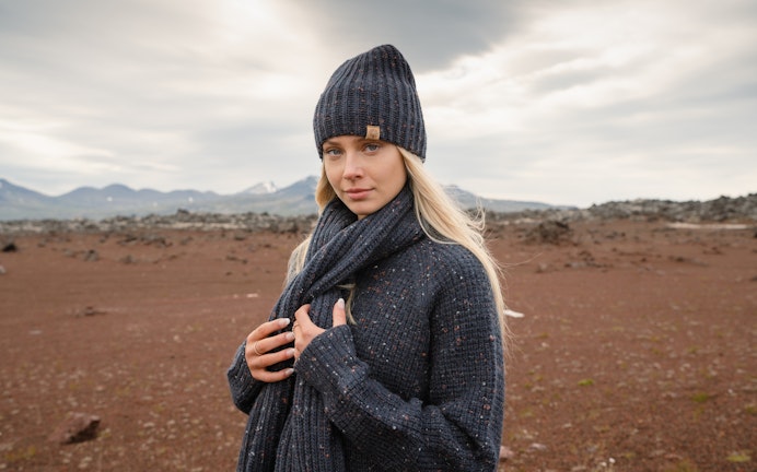 woman in wool sweater, hat and scarf