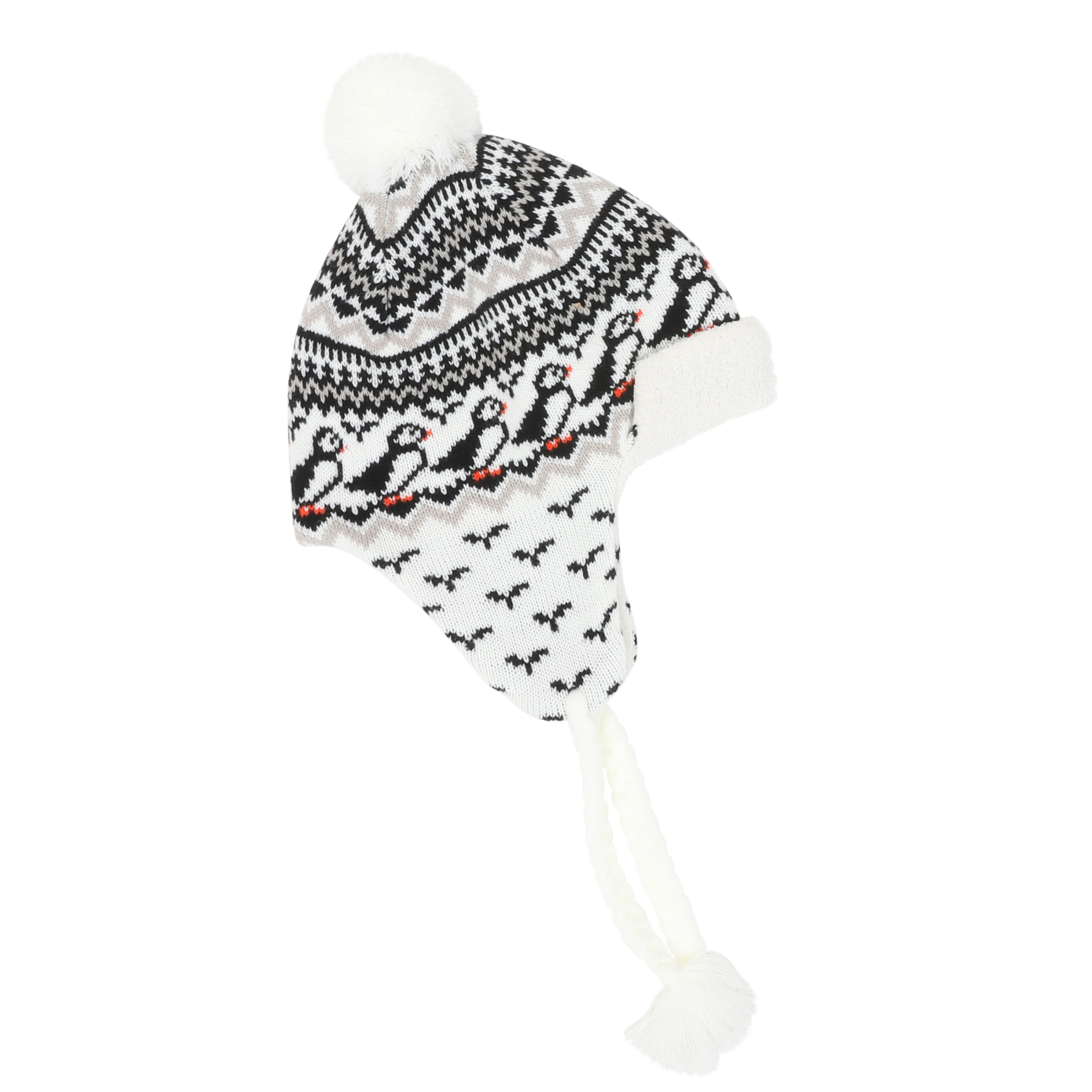 Lundaklettur hat with ear covers puffin pattern