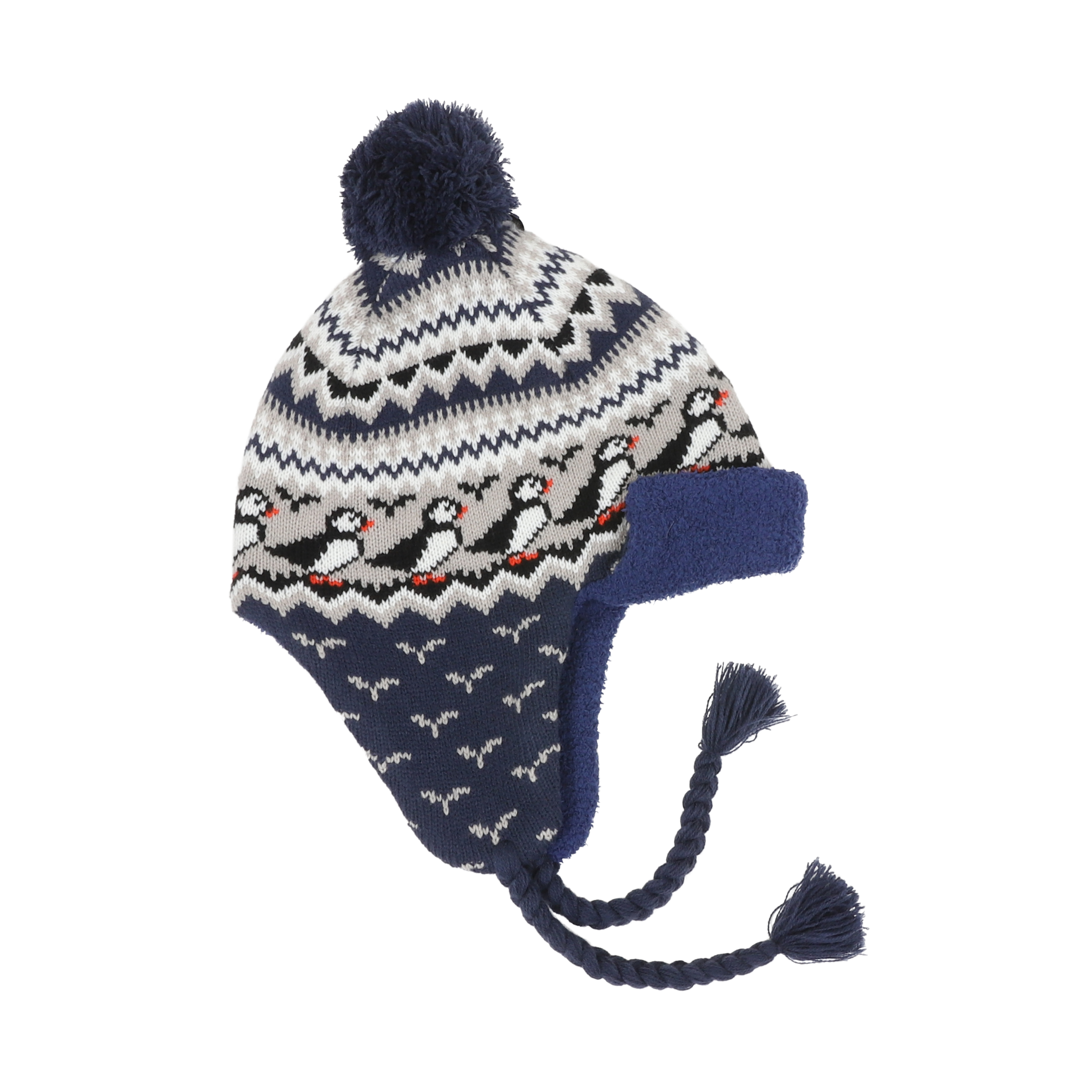Lundaklettur hat with ear covers puffin pattern