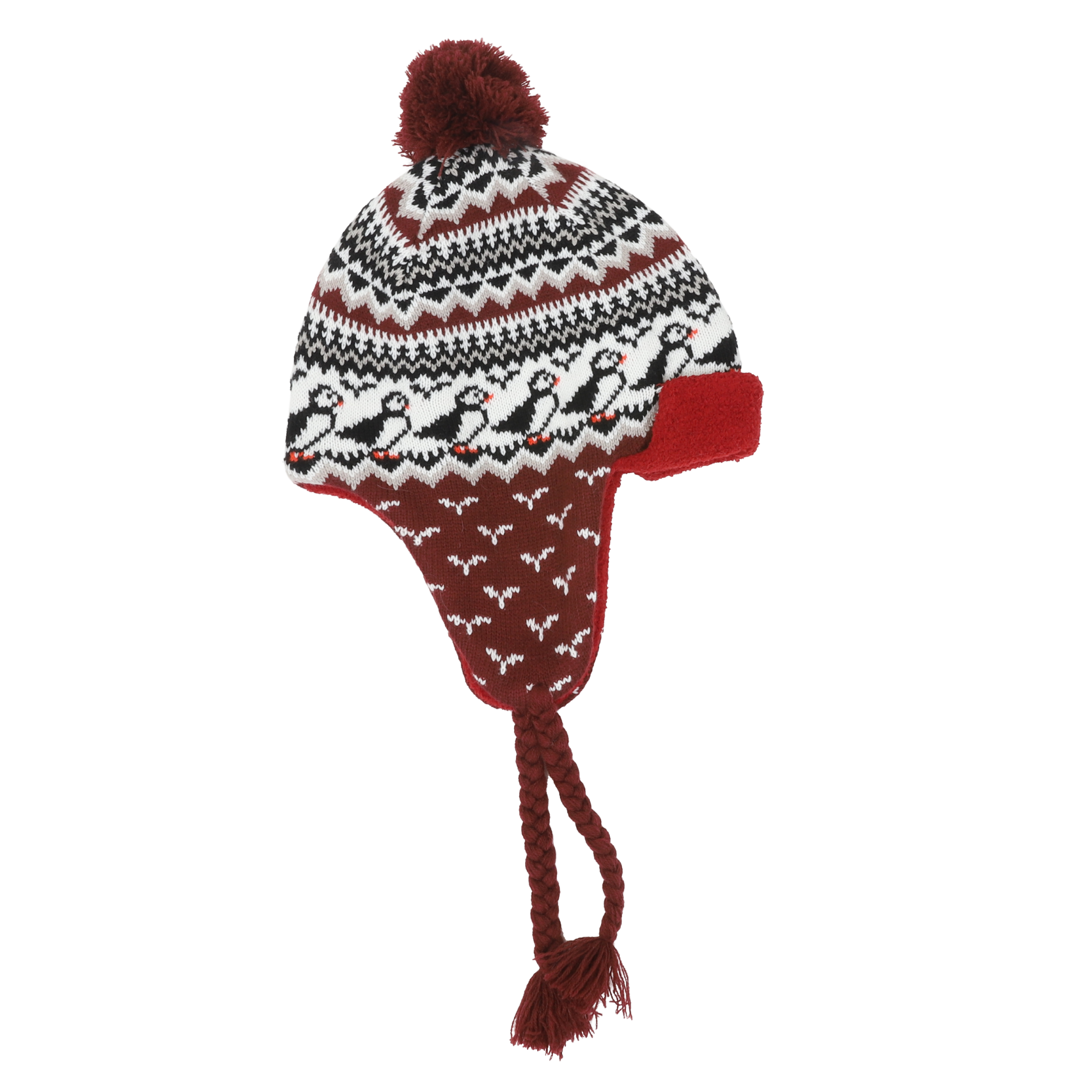 Lundaklettur hat with ear covers puffin pattern