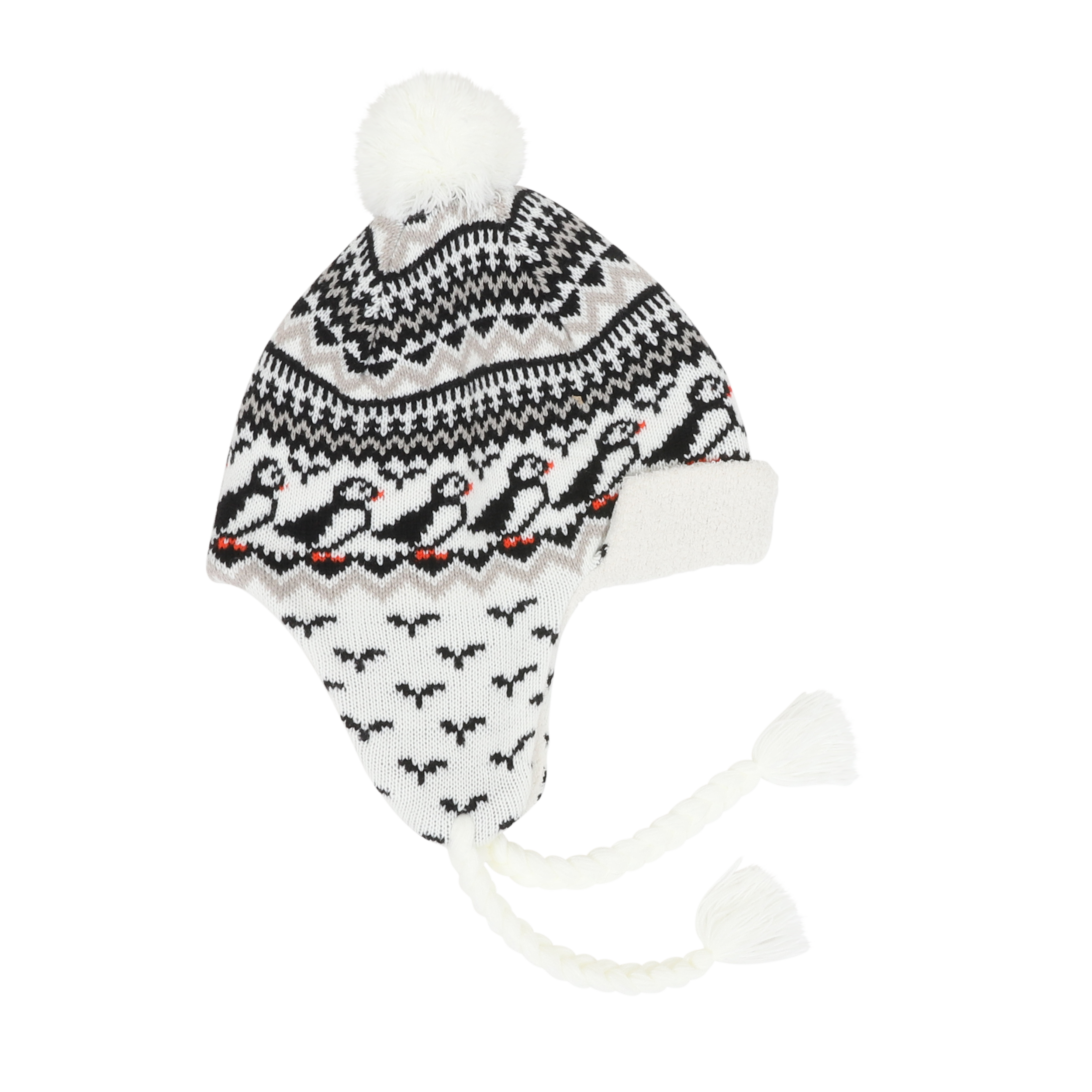 Lundaklettur hat with ear covers puffin pattern